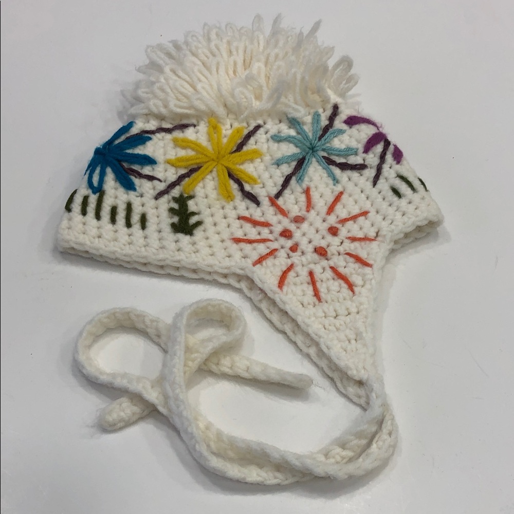 🌸 Girls’ Cozy Floral Hat with Ear Flaps & Ties — Cream with Colorful Details